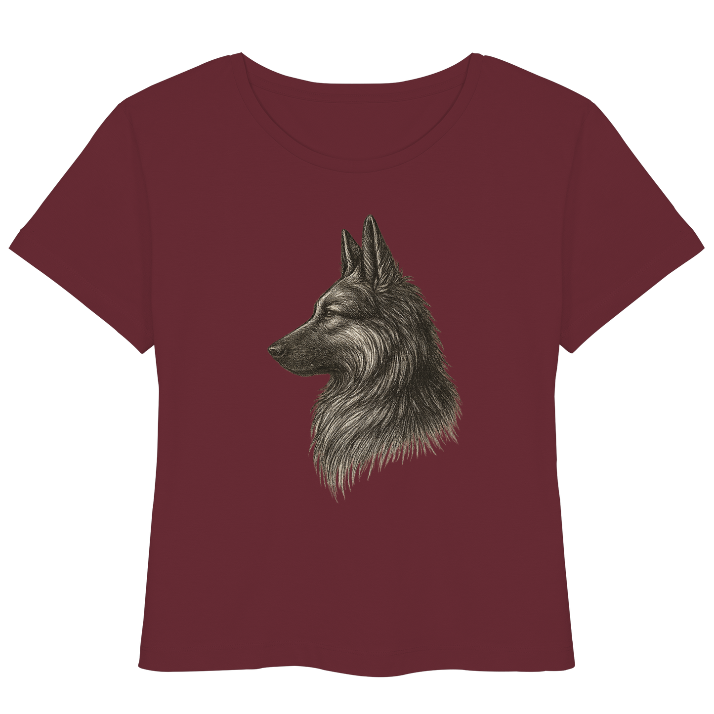 „Damen Bio-T-Shirt mit handgezeichnetem Schäferhund-Motiv – Vorderansicht“