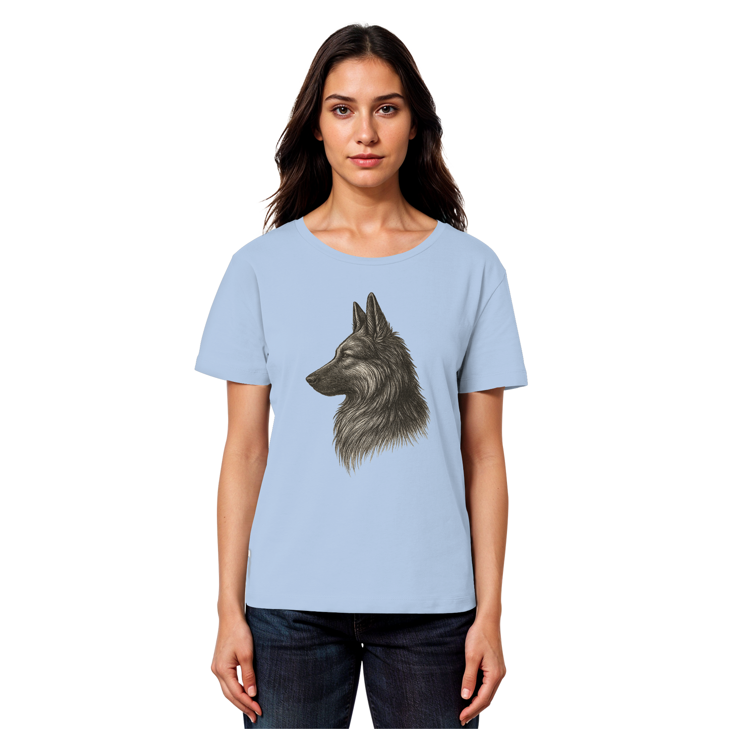 „Vorderansicht Bio Damen Shirt – Schäferhund Illustration Treuer Blick“