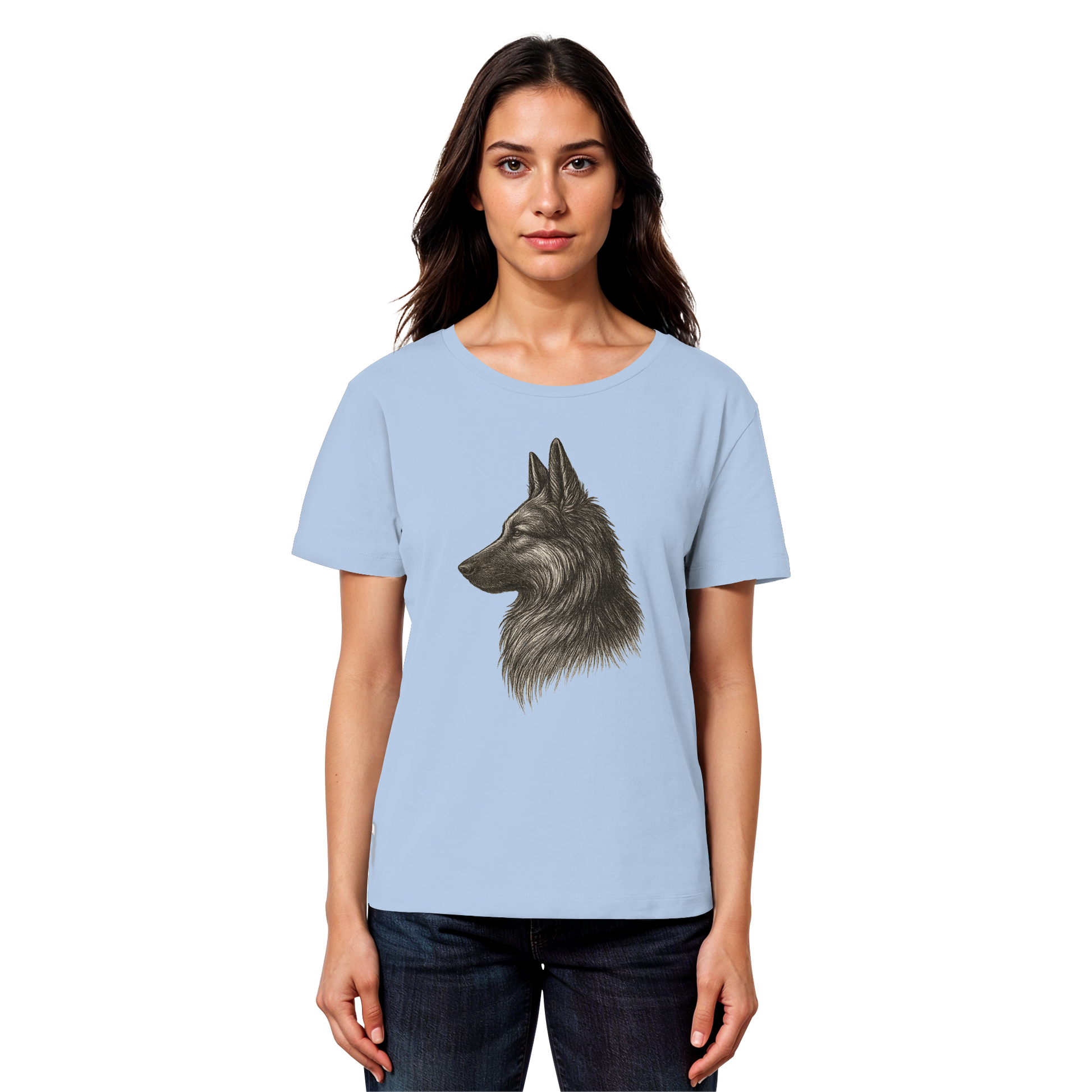 „Vorderansicht Bio Damen Shirt – Schäferhund Illustration Treuer Blick“
