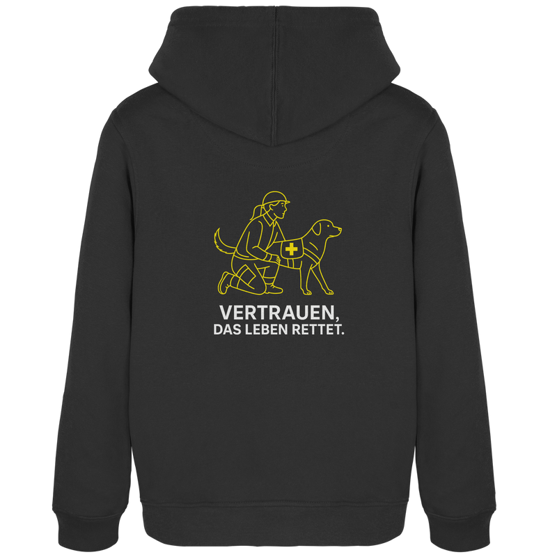 Alltagstauglicher Damen Hoodie im TRUST OPS Design auf Parkbank

