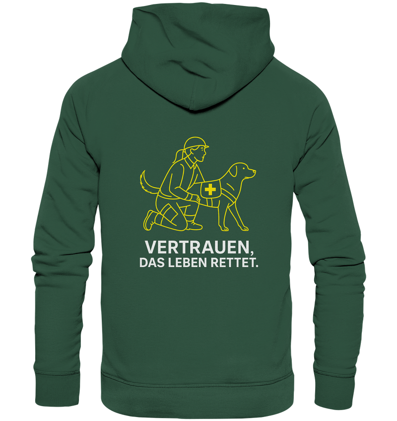Back of the Echo Hoodie with a structured hood and our Logo
