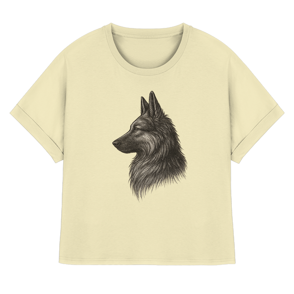 „Bio Damen Shirt mit aufgerollten Ärmeln – Schäferhund Illustration Treuer Blick“