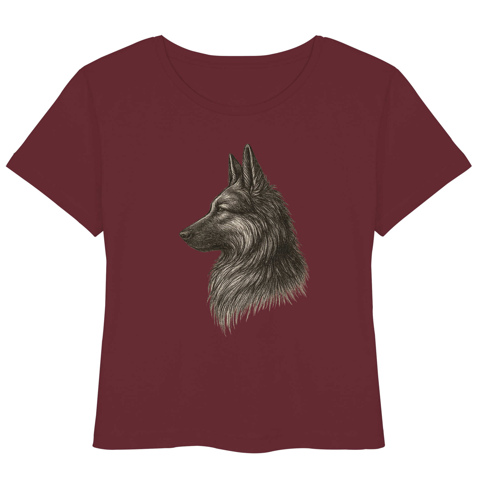„Damen Bio-T-Shirt mit handgezeichnetem Schäferhund-Motiv – Vorderansicht“