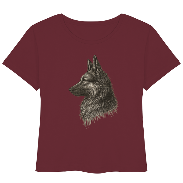 „Damen Bio-T-Shirt mit handgezeichnetem Schäferhund-Motiv – Vorderansicht“