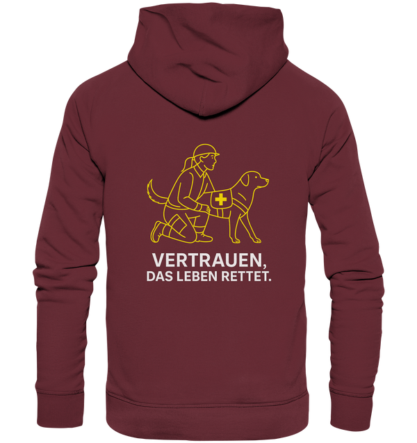 Detailaufnahme: Flatlock-Nähte und Kängurutasche des TRUST OPS Hoodies

