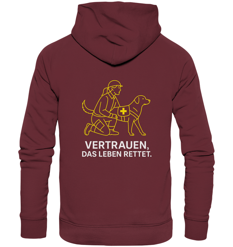 Detailaufnahme: Flatlock-Nähte und Kängurutasche des TRUST OPS Hoodies

