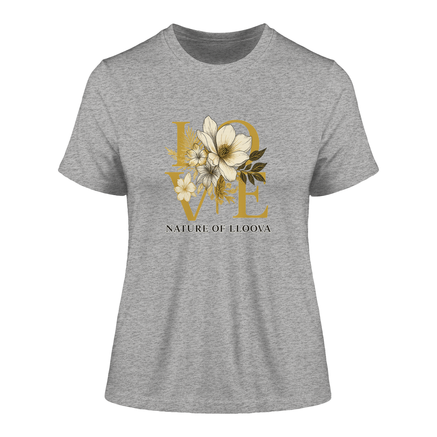 Elbwiese Fitted Ladies Organic Shirt mit LOVE & Blütenmotiv

Figurbetontes Bio-Shirt von LLOOVA in Gold & Schwarz

Detailansicht: florale Linien & Nature of LLOOVA Print

Nachhaltiges Damen T-Shirt mit hanseatischer Eleganz

Mindful Fashion für Naturverbundene Frauen

Feminines Statement Shirt für urbane Ruhe & Stil


