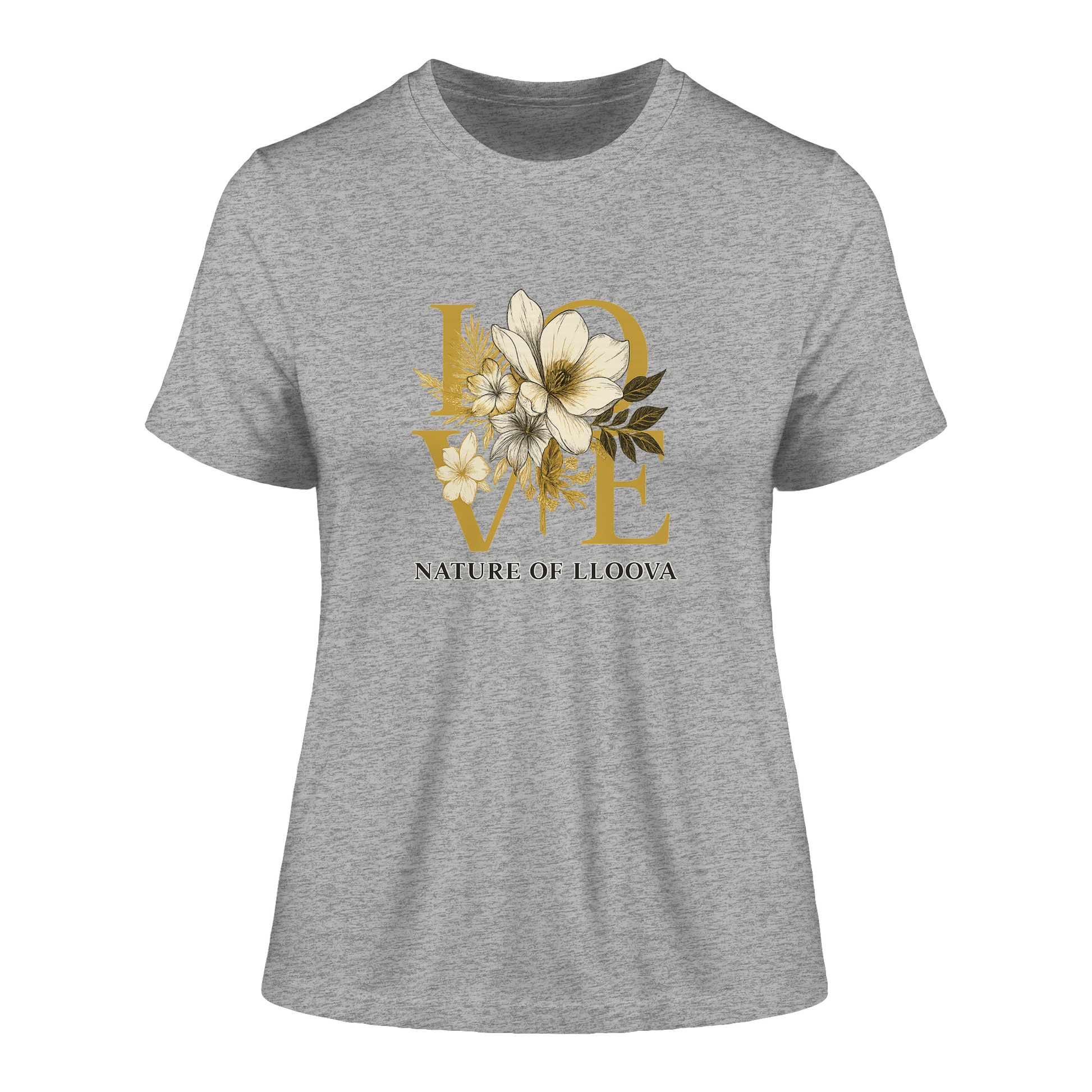 Elbwiese Fitted Ladies Organic Shirt mit LOVE & Blütenmotiv

Figurbetontes Bio-Shirt von LLOOVA in Gold & Schwarz

Detailansicht: florale Linien & Nature of LLOOVA Print

Nachhaltiges Damen T-Shirt mit hanseatischer Eleganz

Mindful Fashion für Naturverbundene Frauen

Feminines Statement Shirt für urbane Ruhe & Stil

