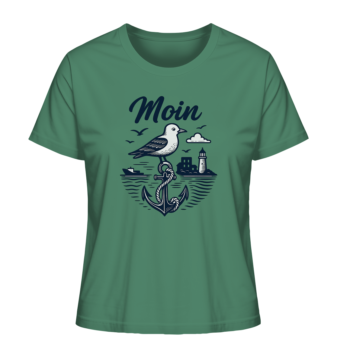 Frau mit LLOOVA Küstenlinie Shirt am Hafen

