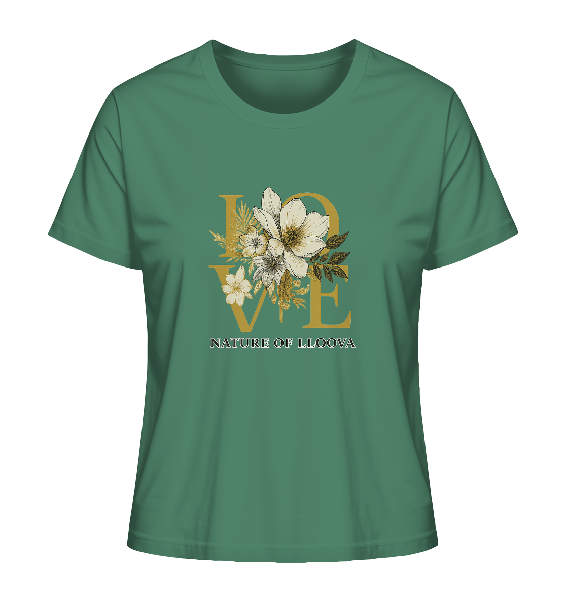 LLOOVA Elbwiese Women's Shirt with Floral Details

Organic Cotton T-Shirt Inspired by Northern German Nature

Organic T-Shirt with a LOVE Print and Golden Lines

Sustainable Fashion from Hamburg – Elbwiese Collection