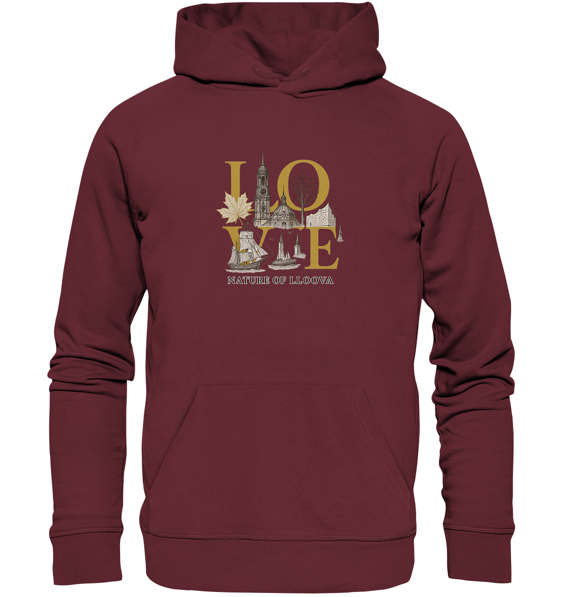 Urbaner LOVE-Hoodie mit Hamburger Wahrzeichen und goldenen Akzenten

