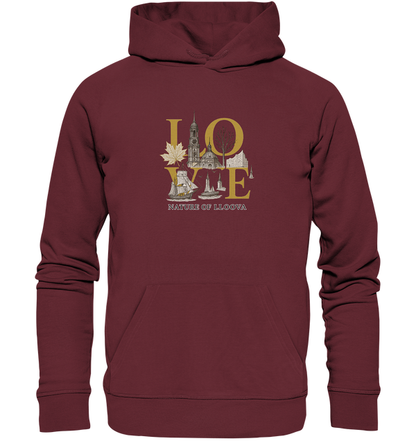 Urbaner LOVE-Hoodie mit Hamburger Wahrzeichen und goldenen Akzenten

